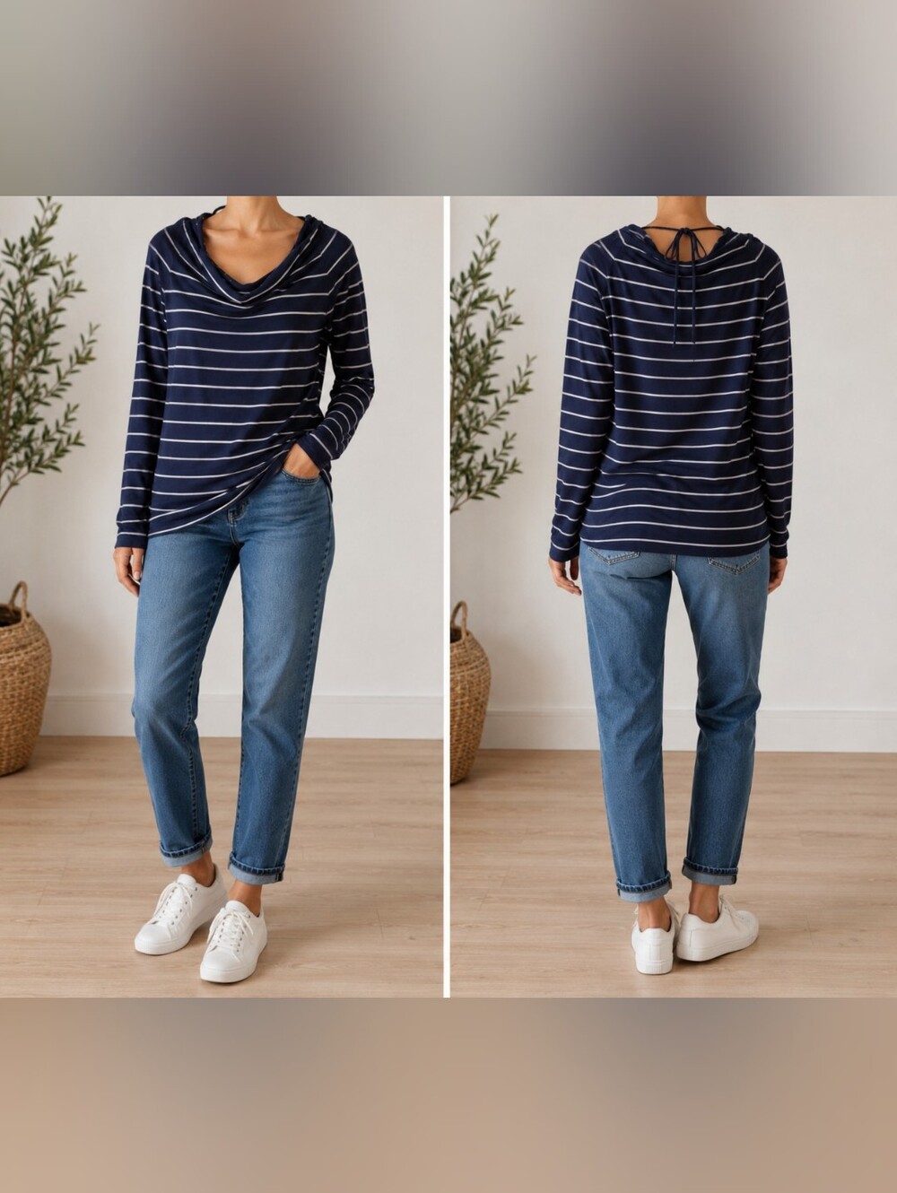 Lolë Striped Cowl Neck Long Sleeve Top Navy White Size M